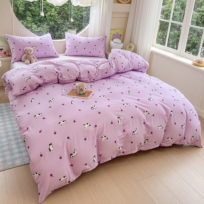 91家纺网 家纺一手货源 找家纺 感遇家纺 2025新款全棉纯棉千柔双层纱四件套 紫樱猫语