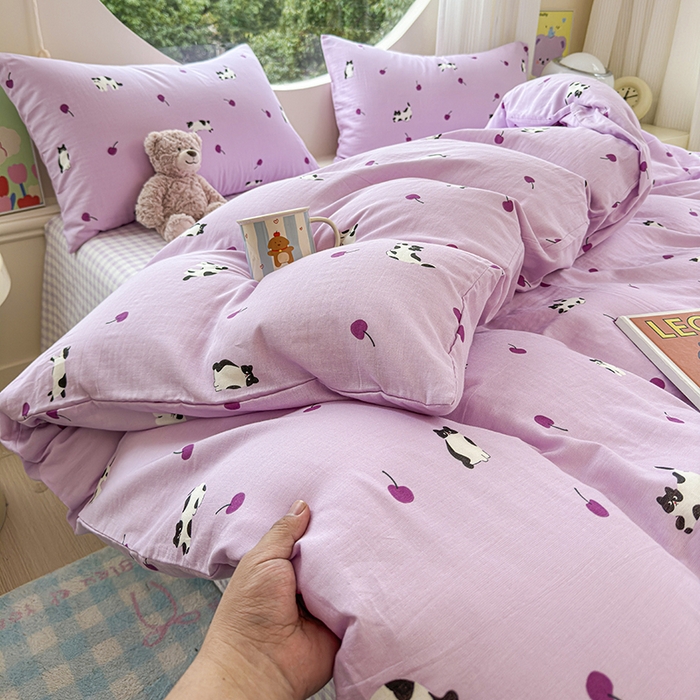 91家纺网 家纺一手货源 找家纺 感遇家纺 2025新款全棉纯棉千柔双层纱四件套 紫樱猫语