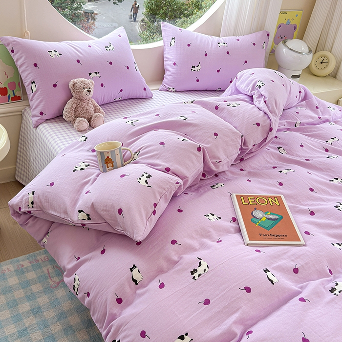 91家纺网 家纺一手货源 找家纺 感遇家纺 2025新款全棉纯棉千柔双层纱四件套 紫樱猫语