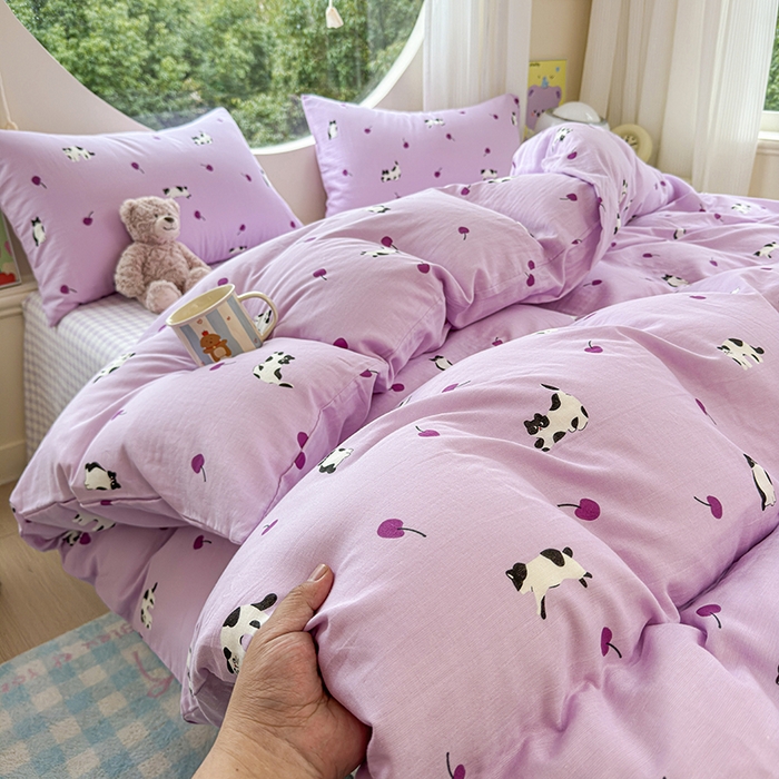 91家纺网 家纺一手货源 找家纺 感遇家纺 2025新款全棉纯棉千柔双层纱四件套 紫樱猫语