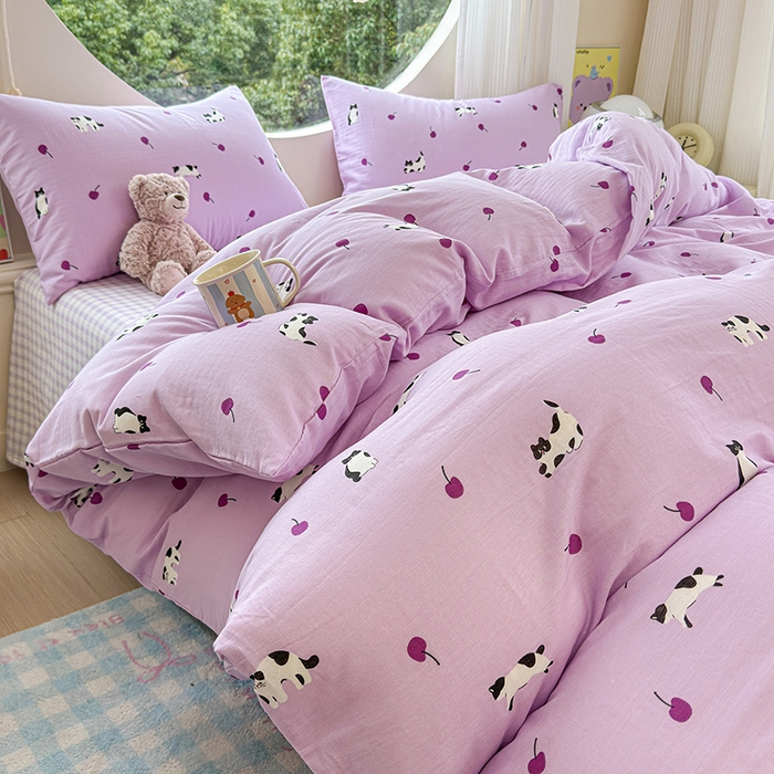 感遇家纺 2025新款全棉纯棉千柔双层纱四件套 紫樱猫语