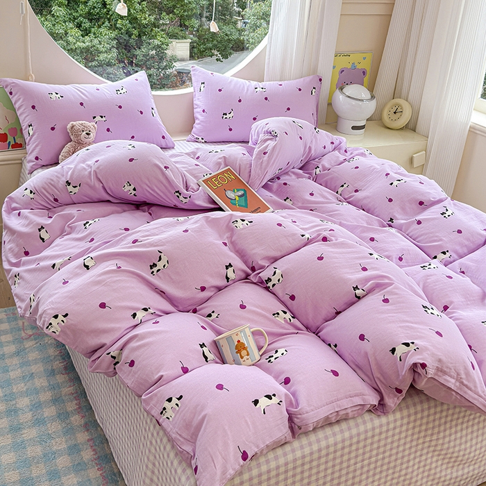 91家纺网 家纺一手货源 找家纺 感遇家纺 2025新款全棉纯棉千柔双层纱四件套 紫樱猫语