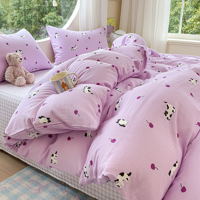 91家纺网 家纺一手货源 找家纺 感遇家纺 2025新款全棉纯棉千柔双层纱四件套 紫樱猫语