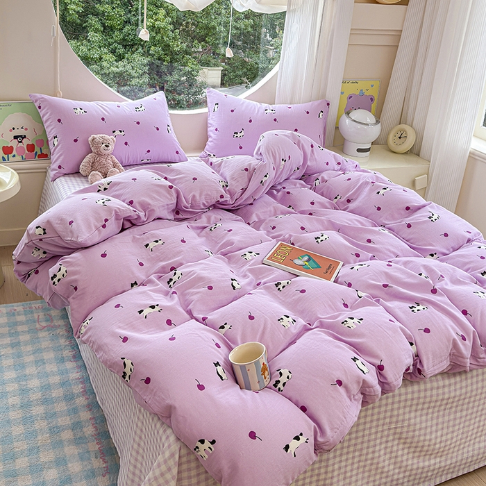 91家纺网 家纺一手货源 找家纺 感遇家纺 2025新款全棉纯棉千柔双层纱四件套 紫樱猫语