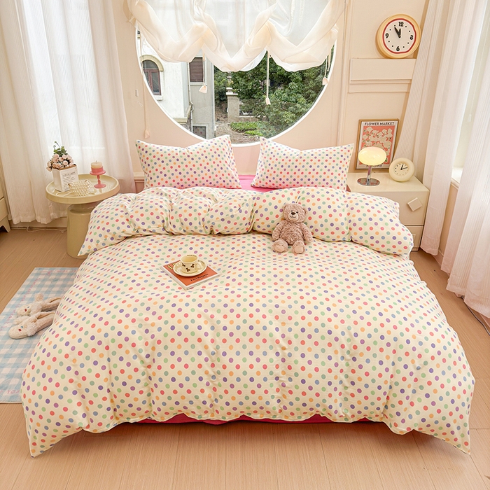 91家纺网 家纺一手货源 找家纺 感遇家纺 2025新款全棉纯棉千柔双层纱四件套 彩虹点点