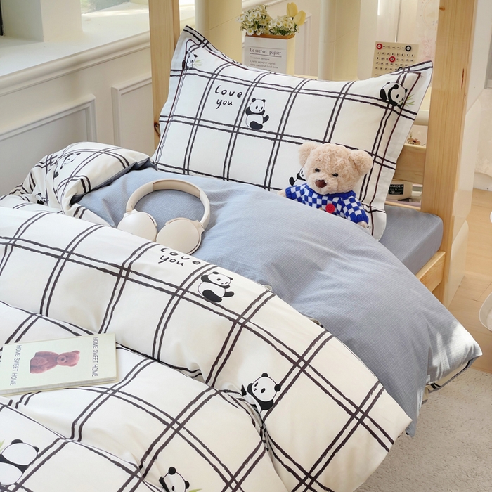91家纺网 家纺一手货源 找家纺 铭博家纺 新款100%全棉印花学生季宿舍上下铺三件套 趣味熊猫