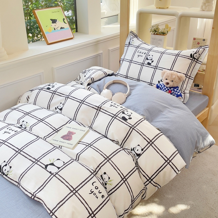 91家纺网 家纺一手货源 找家纺 铭博家纺 新款100%全棉印花学生季宿舍上下铺三件套 趣味熊猫