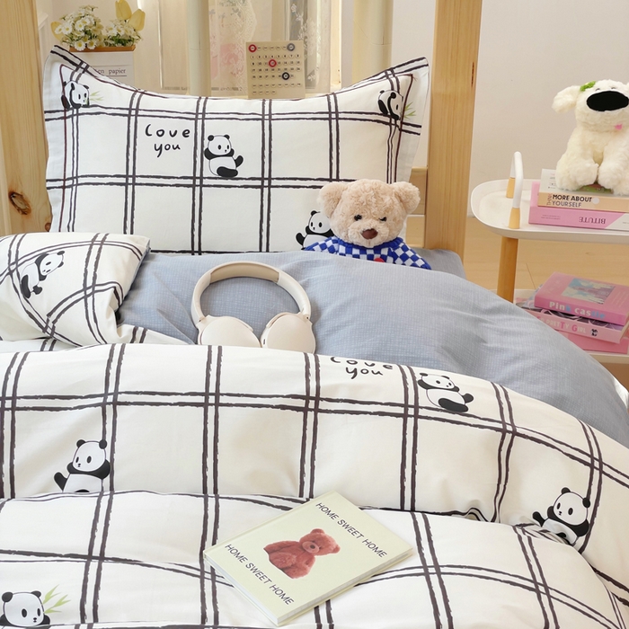 91家纺网 家纺一手货源 找家纺 铭博家纺 新款100%全棉印花学生季宿舍上下铺三件套 趣味熊猫