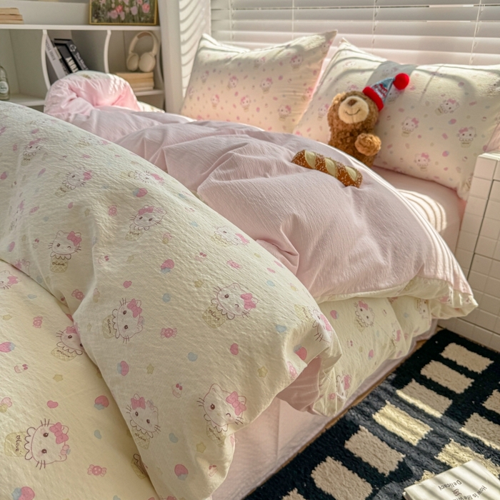 91家纺网 家纺一手货源 找家纺 繁花家居 2025学生季第二波木棉水洗棉四件套三件套跑量款 甜筒小猫-米