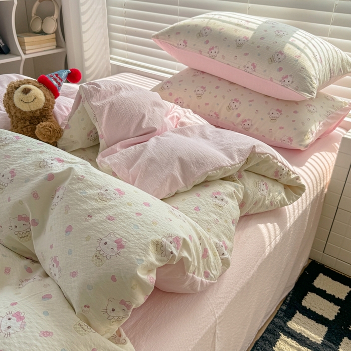 91家纺网 家纺一手货源 找家纺 繁花家居 2025学生季第二波木棉水洗棉四件套三件套跑量款 甜筒小猫-米