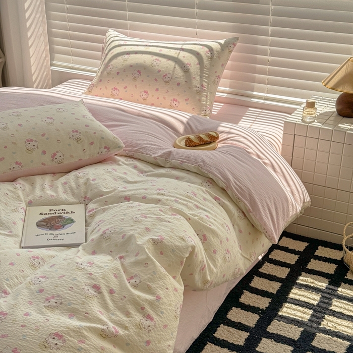 91家纺网 家纺一手货源 找家纺 繁花家居 2025学生季第二波木棉水洗棉四件套三件套跑量款 甜筒小猫-米