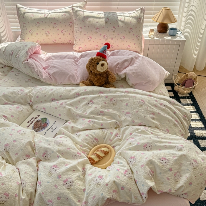 91家纺网 家纺一手货源 找家纺 繁花家居 2025学生季第二波木棉水洗棉四件套三件套跑量款 甜筒小猫-米