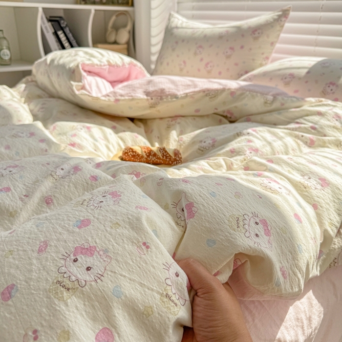 91家纺网 家纺一手货源 找家纺 繁花家居 2025学生季第二波木棉水洗棉四件套三件套跑量款 甜筒小猫-米