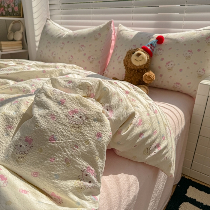 91家纺网 家纺一手货源 找家纺 繁花家居 2025学生季第二波木棉水洗棉四件套三件套跑量款 甜筒小猫-米