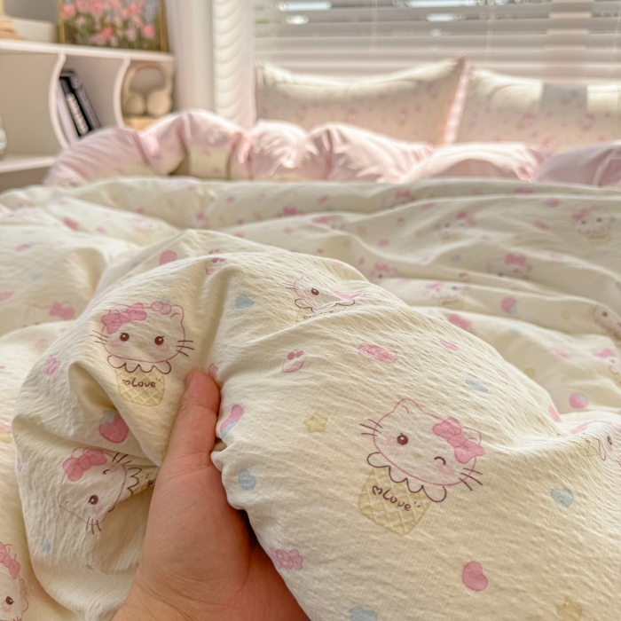 91家纺网 家纺一手货源 找家纺 繁花家居 2025学生季第二波木棉水洗棉四件套三件套跑量款 甜筒小猫-米