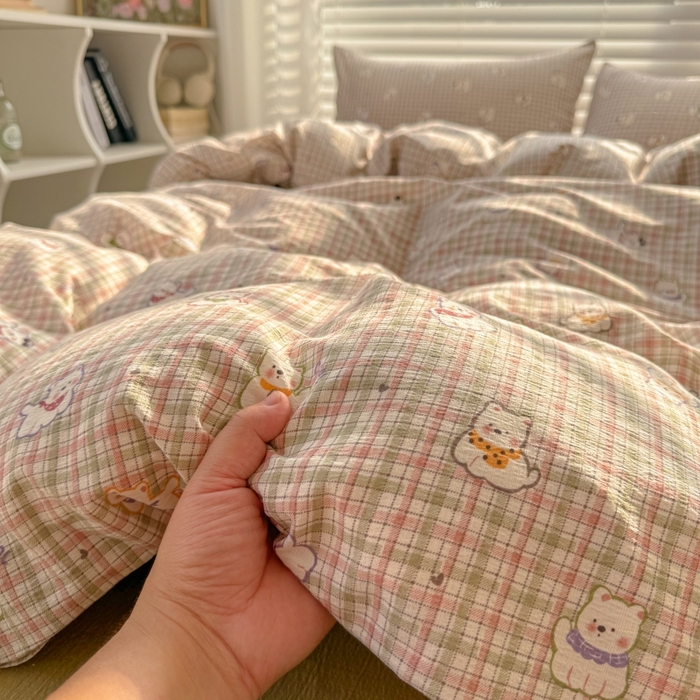 91家纺网 家纺一手货源 找家纺 繁花家居 2025学生季第二波木棉水洗棉四件套三件套跑量款 彩格蒙宠