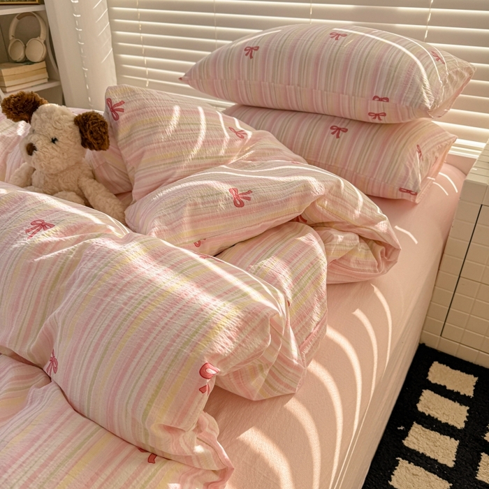 91家纺网 家纺一手货源 找家纺 繁花家居 2025学生季第二波木棉水洗棉四件套三件套跑量款 粉黛佳人