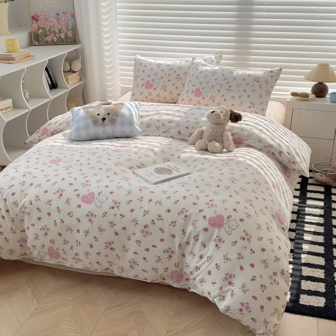 91家纺网 家纺一手货源 找家纺 繁花家居 2025学生季第二波木棉水洗棉四件套三件套跑量款 花花狗