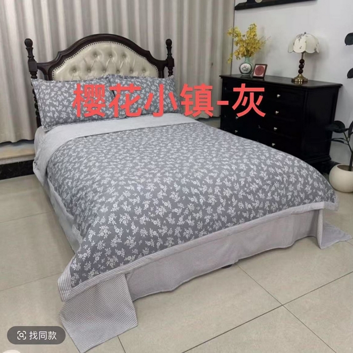 禧多家纺2025新款双层纱夏被四件套 樱花小镇-灰