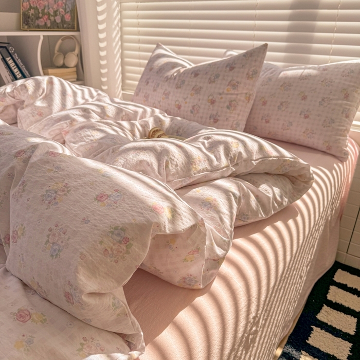 91家纺网 家纺一手货源 找家纺 繁花家居 2025学生季第二波木棉水洗棉四件套三件套跑量款 桃之夭夭