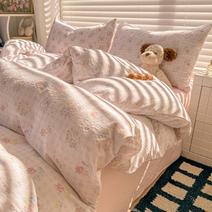 91家纺网 家纺一手货源 找家纺 繁花家居 2025学生季第二波木棉水洗棉四件套三件套跑量款 桃之夭夭