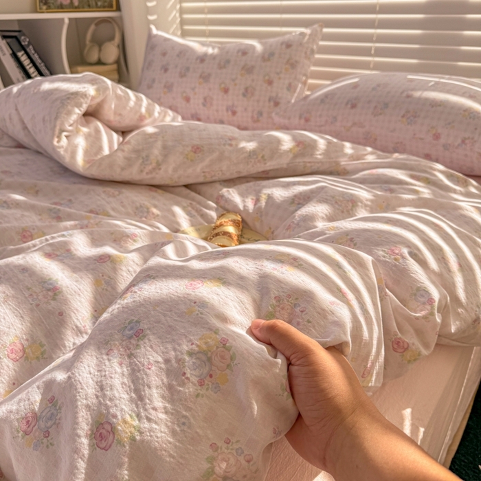 91家纺网 家纺一手货源 找家纺 繁花家居 2025学生季第二波木棉水洗棉四件套三件套跑量款 桃之夭夭