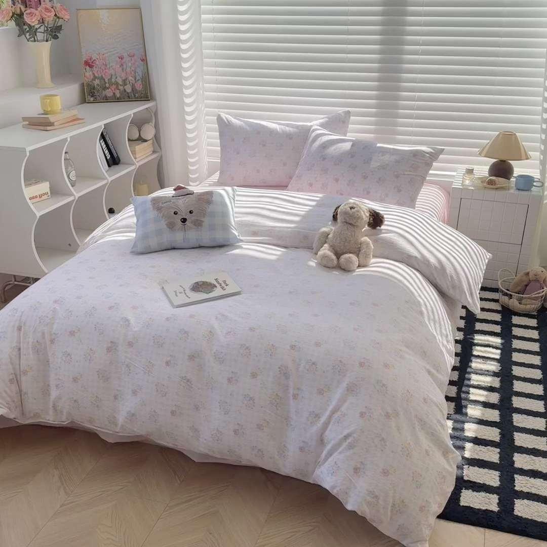 91家纺网 家纺一手货源 找家纺 繁花家居 2025学生季第二波木棉水洗棉四件套三件套跑量款 桃之夭夭
