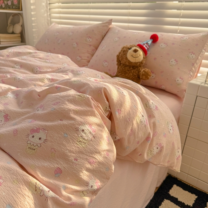 91家纺网 家纺一手货源 找家纺 繁花家居 2025学生季第二波木棉水洗棉四件套三件套跑量款 甜筒小猫-粉