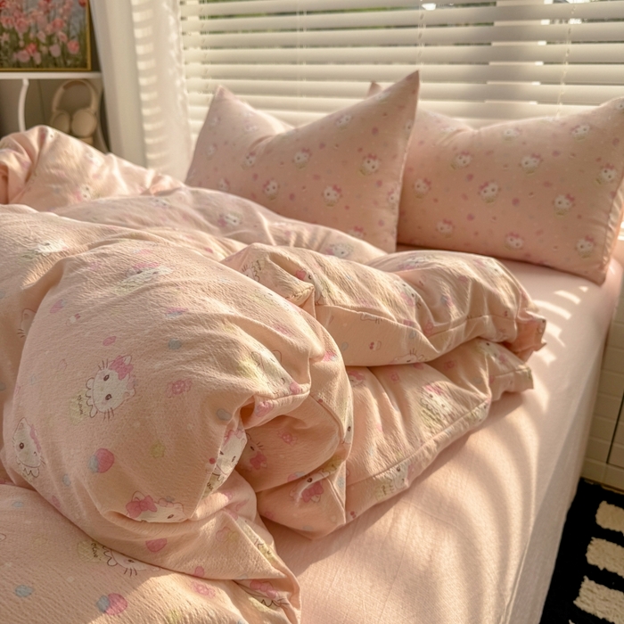 91家纺网 家纺一手货源 找家纺 繁花家居 2025学生季第二波木棉水洗棉四件套三件套跑量款 甜筒小猫-粉