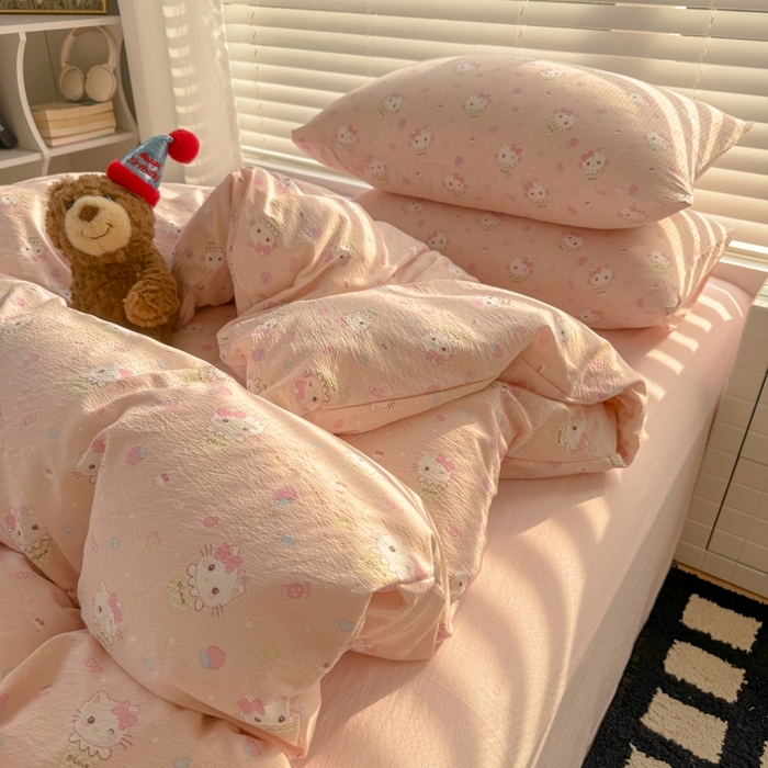 91家纺网 家纺一手货源 找家纺 繁花家居 2025学生季第二波木棉水洗棉四件套三件套跑量款 甜筒小猫-粉