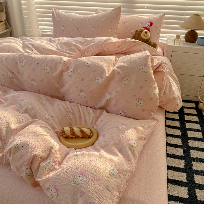 91家纺网 家纺一手货源 找家纺 繁花家居 2025学生季第二波木棉水洗棉四件套三件套跑量款 甜筒小猫-粉