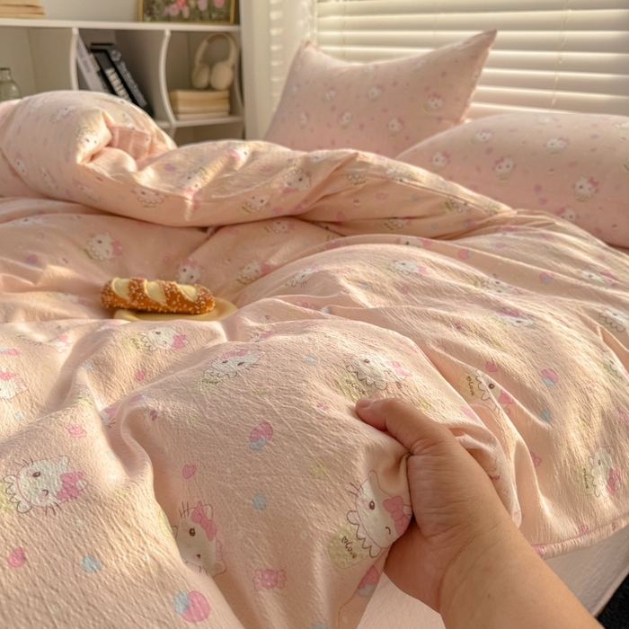 91家纺网 家纺一手货源 找家纺 繁花家居 2025学生季第二波木棉水洗棉四件套三件套跑量款 甜筒小猫-粉