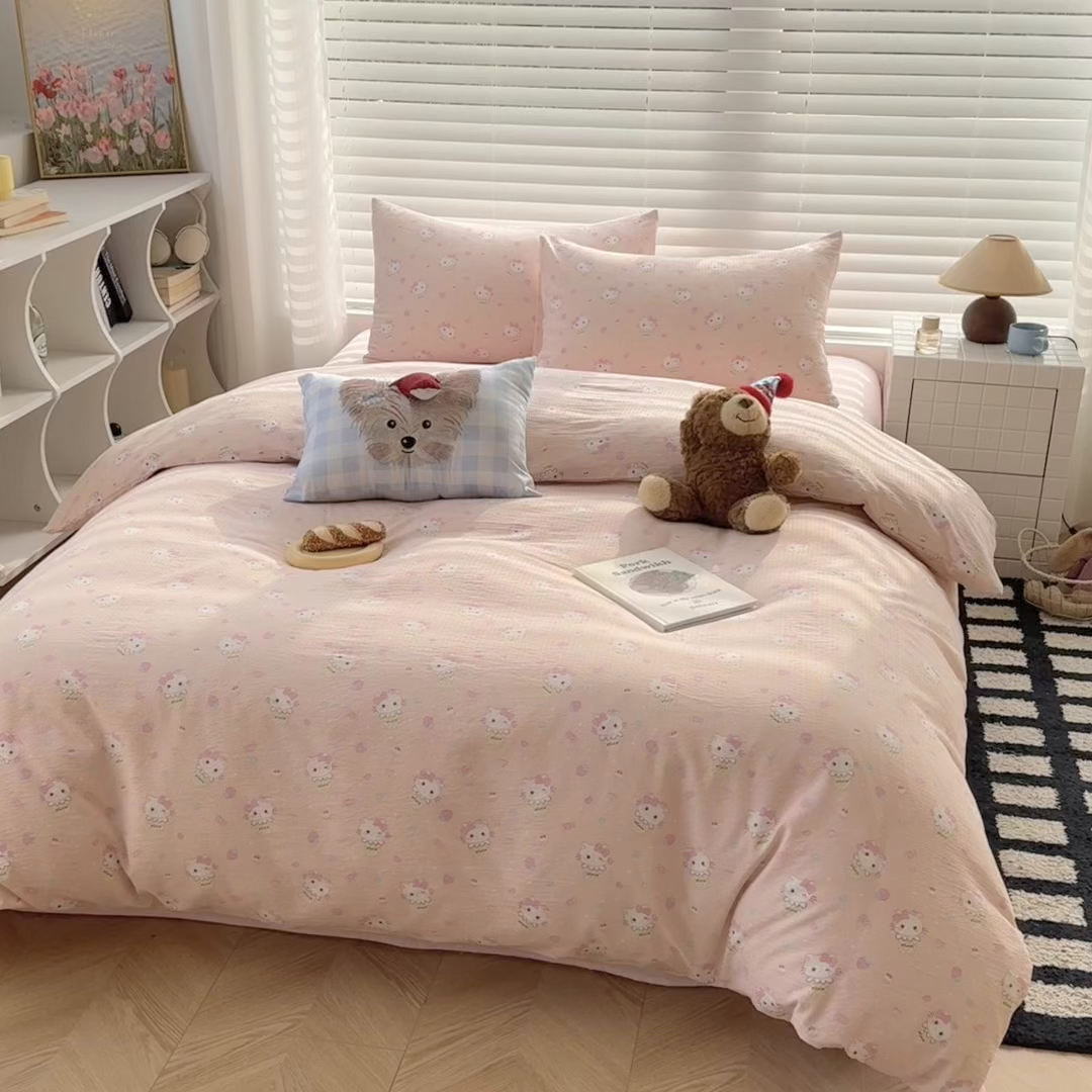 91家纺网 家纺一手货源 找家纺 繁花家居 2025学生季第二波木棉水洗棉四件套三件套跑量款 甜筒小猫-粉