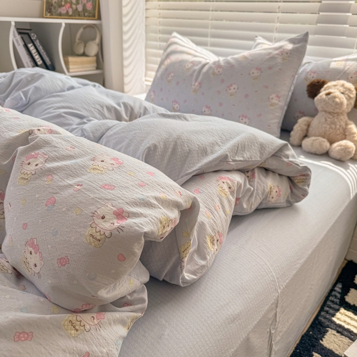 91家纺网 家纺一手货源 找家纺 繁花家居 2025学生季第二波木棉水洗棉四件套三件套跑量款 甜筒小喵-蓝