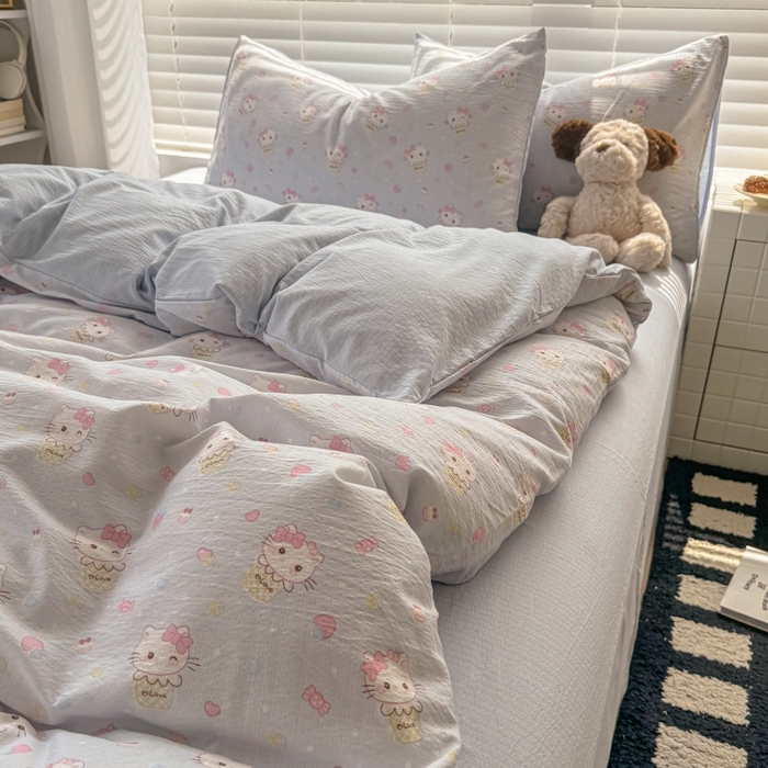 91家纺网 家纺一手货源 找家纺 繁花家居 2025学生季第二波木棉水洗棉四件套三件套跑量款 甜筒小喵-蓝