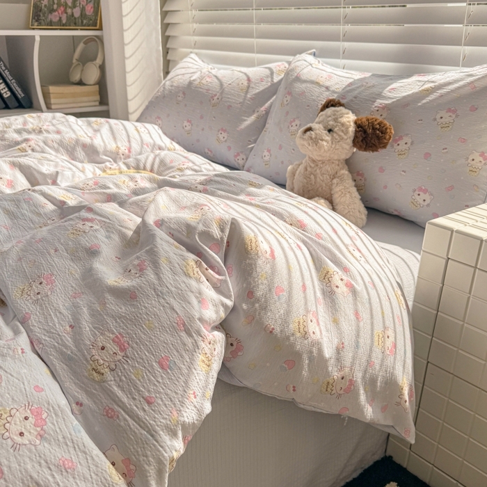 91家纺网 家纺一手货源 找家纺 繁花家居 2025学生季第二波木棉水洗棉四件套三件套跑量款 甜筒小喵-蓝