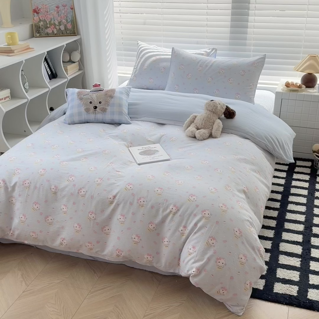 91家纺网 家纺一手货源 找家纺 繁花家居 2025学生季第二波木棉水洗棉四件套三件套跑量款 甜筒小喵-蓝