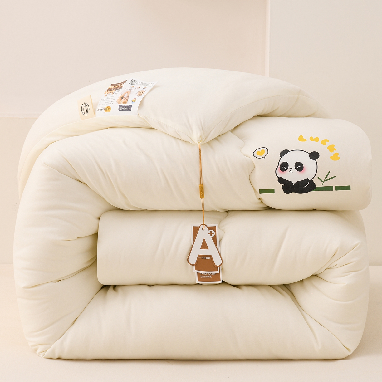 91家纺网 家纺一手货源 找家纺 易展家居 2025新款水洗棉大豆被 熊猫-象牙白