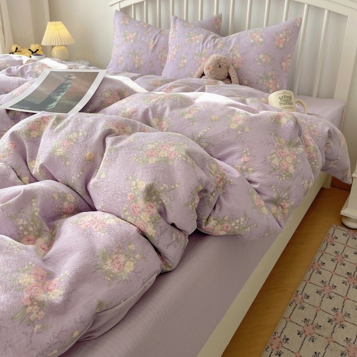 繁花家居 2025学生季第二波木棉水洗棉四件套三件套跑量款 紫黛花