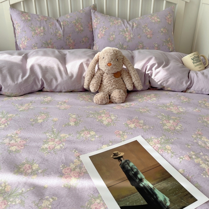 91家纺网 家纺一手货源 找家纺 繁花家居 2025学生季第二波木棉水洗棉四件套三件套跑量款 紫黛花