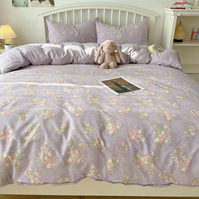 91家纺网 家纺一手货源 找家纺 繁花家居 2025学生季第二波木棉水洗棉四件套三件套跑量款 紫黛花