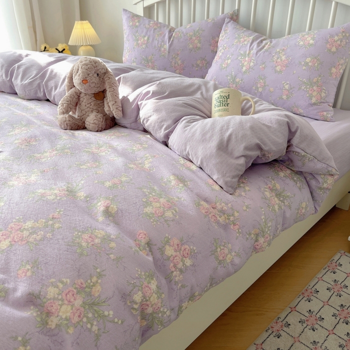 91家纺网 家纺一手货源 找家纺 繁花家居 2025学生季第二波木棉水洗棉四件套三件套跑量款 紫黛花