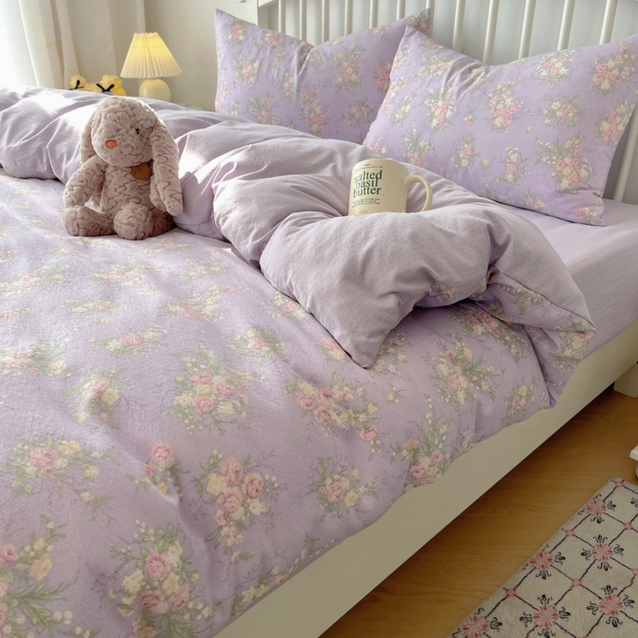 91家纺网 家纺一手货源 找家纺 繁花家居 2025学生季第二波木棉水洗棉四件套三件套跑量款 紫黛花