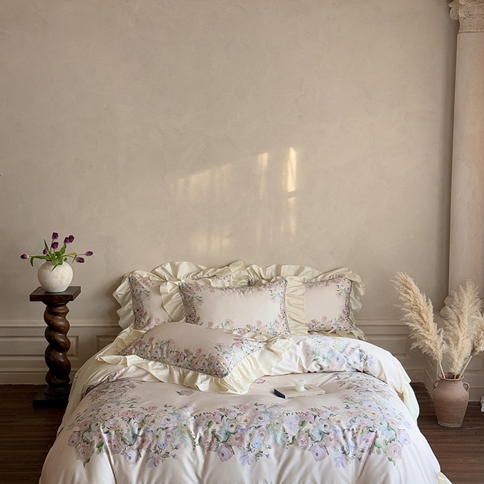 91家纺网 家纺一手货源 找家纺 （总）优然居家纺 2025新款大版印花印花法式嵌绳大花边四件套