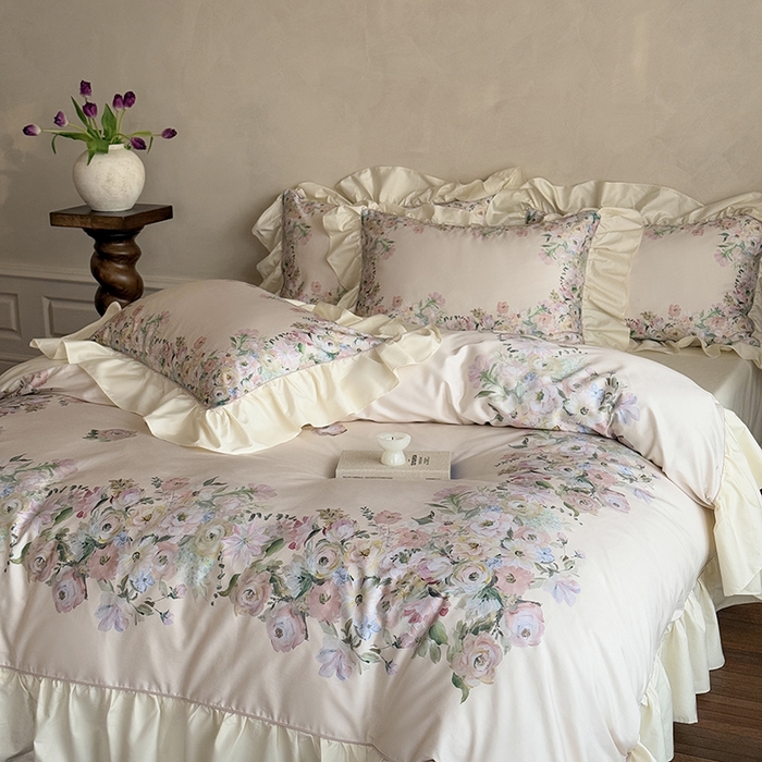 91家纺网 家纺一手货源 找家纺 （总）优然居家纺 2025新款大版印花印花法式嵌绳大花边四件套