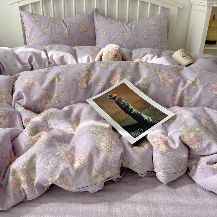 91家纺网 家纺一手货源 找家纺 繁花家居 2025学生季第二波木棉水洗棉四件套三件套跑量款 紫黛花