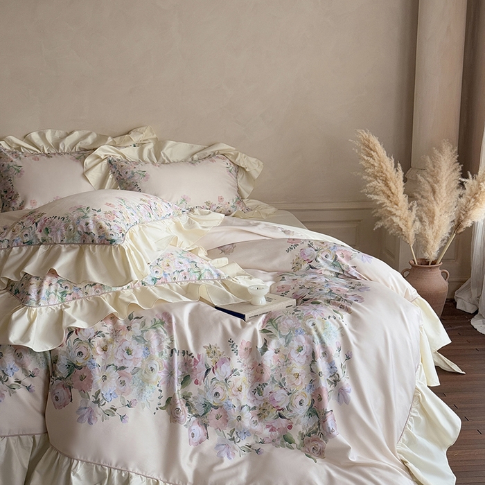 91家纺网 家纺一手货源 找家纺 优然居家纺 2025新款大版印花印花法式嵌绳大花边四件套 安娜-奶昔色