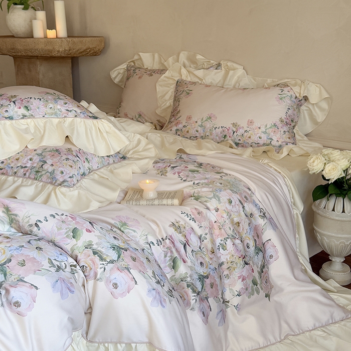 优然居家纺 2025新款大版印花印花法式嵌绳大花边四件套 安娜-奶昔色