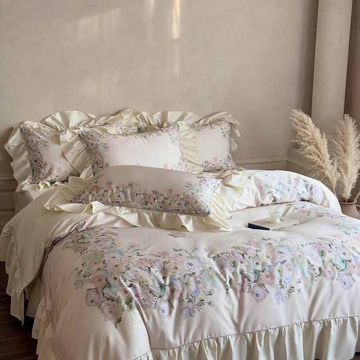 91家纺网 家纺一手货源 找家纺 （总）优然居家纺 2025新款大版印花印花法式嵌绳大花边四件套