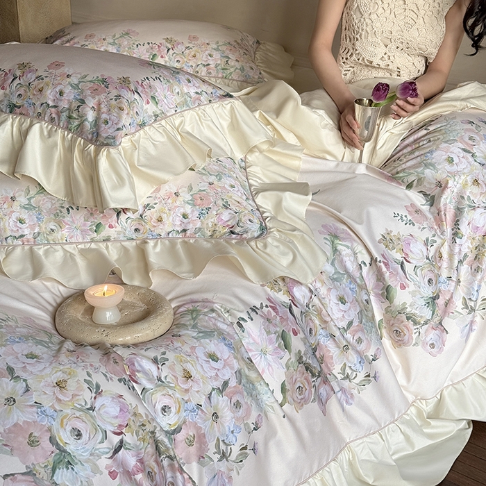 91家纺网 家纺一手货源 找家纺 （总）优然居家纺 2025新款大版印花印花法式嵌绳大花边四件套